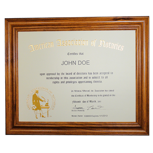 This Tennessee notary deluxe membership certificate frame allows you to show off your notary membership in one of the most prestigious notary associations in the U.S. The frame includes a gold embossed 8.5 x 11 inches certificate with AAN logo, your name, membership number, membership expiration date, and the signature of our membership director. This item may only be purchased by active members of the American Association of Notaries. </p></p></p></p></p>