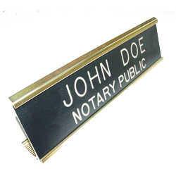 Tennessee notary desk signs are an essential part of presenting a professional image in the modern day work environment. This elegant, brass metal desk sign engraved with your name and the wording 'Notary Public' on an acrylic plate will make a fine addition to your office. This sign can be customized with up to two lines. Please type in any special customization instructions in the instruction box at checkout.