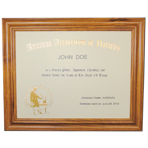 This Tennessee notary commission frame is made of solid hardwood. Available in cherry, black, and walnut wood. The notary frame includes a gold embossed notary certificate, personalized with your notary name and your Tennessee notary commission information. Proudly display your status as a commissioned Tennessee notary public with our deluxe notary certificate frame. This certificate frame can be purchased by both non-members and members of the AAN.