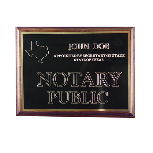 This Tennessee notary deluxe wall sign is mounted on an attractive walnut plaque and engraved on a metal plate with gold lettering with your name, your state, and the wording 'Notary Public'. This sign makes a fine addition to any office.